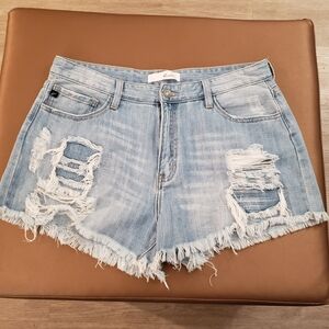 Kancan Shorts Womens 15/31 Blue High Rise Distressed Splatter Raw Cut Off